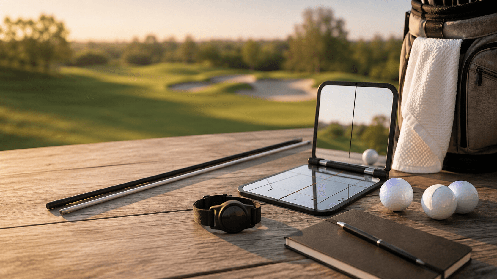 Practice feedback tools arranged beside a golf course