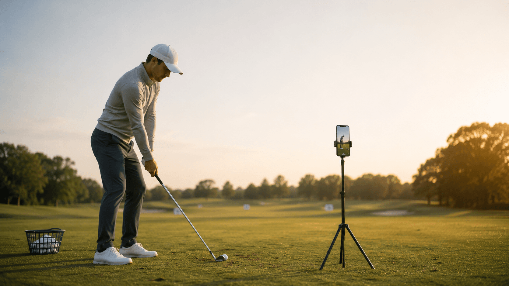 A golfer recording a practice swing with a phone on a tripod